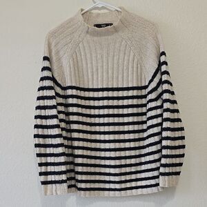 MANGO Cream and Blue Crewneck CASHMERE Sweater with Nautical Stripes M